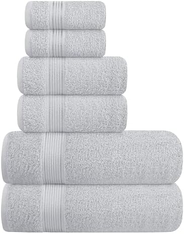 Belizzi Home Ultra Soft 6 Pack Cotton Towel Set, Contains 2 Bath Towels 28x55 inch, 2 Hand Towels 16x24 inch & 2 Wash Coths 12x12 inch, Ideal for Everyday use, Compact & Lightweight - Light Grey