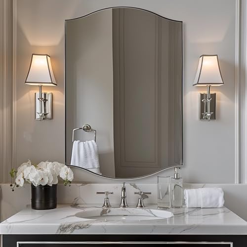ANDY STAR 26"x38" Scalloped Mirror for Bathroom，Polished Chrome Rectangle Wall Mirror with Curved Edge Stainless Steel Metal Frame, Wall-Mounted Mirror for Bathroom, Entryway, Living Room