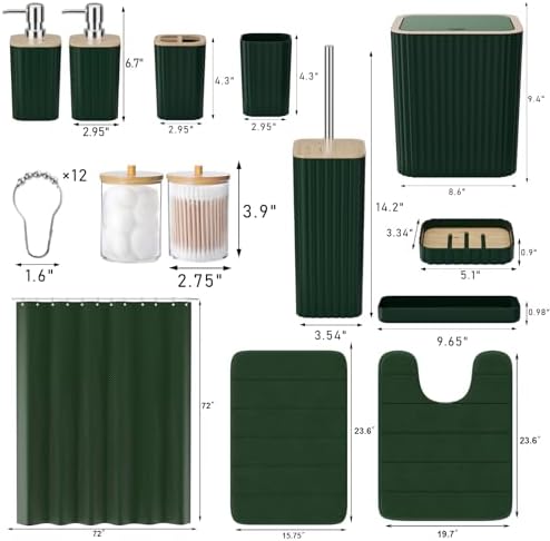 XLHOMO Bathroom Accessories Set - 25PC Green Bathroom Set, Bathroom Set with Shower Curtain and Rugs, Green Shower Curtain Set, Toilet Brush, Bathroom Trash Can