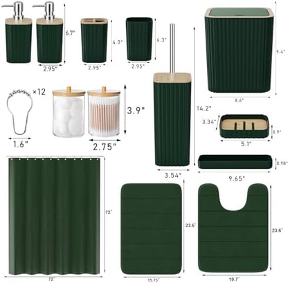 XLHOMO Bathroom Accessories Set - 25PC Green Bathroom Set, Bathroom Set with Shower Curtain and Rugs, Green Shower Curtain Set, Toilet Brush, Bathroom Trash Can