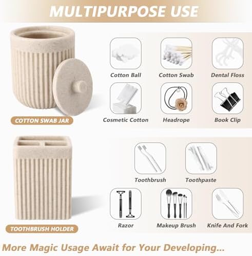 XLHOMO Resin Beige Bathroom Accessories Set 5 Pcs, Lotion Soap Dispenser, Toothbrush Holder, Bathroom Tumbler, Qtip Holder and Vanity Tray, Bathroom Countertop Organizer Set for Modern Home Apartment