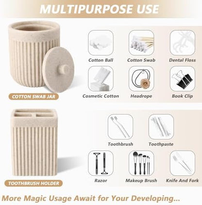 XLHOMO Resin Beige Bathroom Accessories Set 5 Pcs, Lotion Soap Dispenser, Toothbrush Holder, Bathroom Tumbler, Qtip Holder and Vanity Tray, Bathroom Countertop Organizer Set for Modern Home Apartment