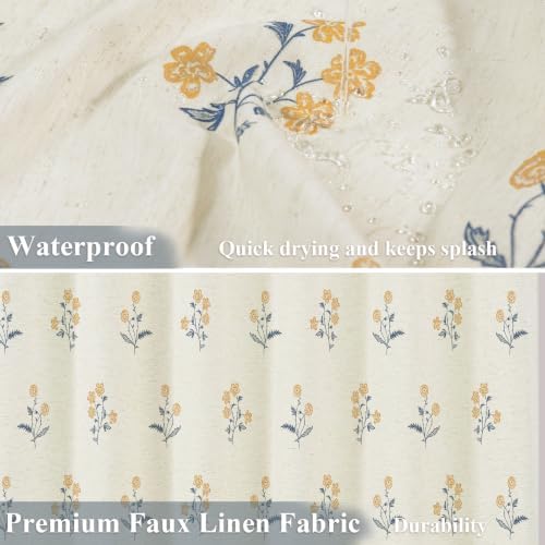 ORTIGIA Linen Shower Curtain Farmhouse Vintage Yellow Blue Floral Shower Curtains Navy Boho Rustic Block Print Cottagecore Decor for Bathroom 72 W x 72 L