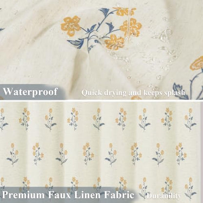 ORTIGIA Linen Shower Curtain Farmhouse Vintage Yellow Blue Floral Shower Curtains Navy Boho Rustic Block Print Cottagecore Decor for Bathroom 72 W x 72 L