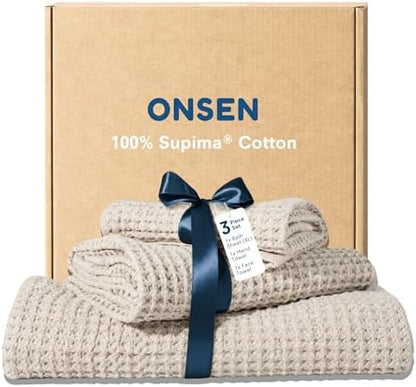 ONSEN Supima® Waffle Bath Sheet Set, Quick Dry Lint Free 100% USA Cotton, Large Bath Sheet Hand and Face Towel Bundle, 3 Piece (Oatmeal, Bath Sheet Set)