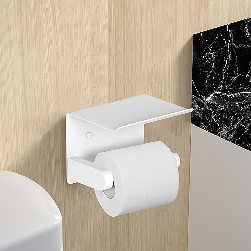 VAEHOLD Self Adhesive Toilet Paper Holder with Phone Shelf Stainless Steel Wall Mounted Toilet Paper Roll Holder - Bathroom Washroom Tissue Roll Holder with Storage Shelf - White