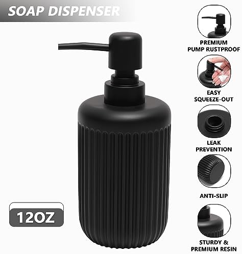 XLHOMO Resin Matte Black Bathroom Accessories Set 5 Pcs, Lotion Soap Dispenser, Toothbrush Holder, Bathroom Tumbler, Qtip Holder and Vanity Tray, Bathroom Countertop Organizer Set for Home Apartment