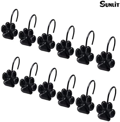 Sunlit Fashion Design Cute Paw Print Polished Shower Curtain Hooks for Dog Cat and Bear, Rust Proof Oil Metal Shower Curtain Rings, Black-12 Pack