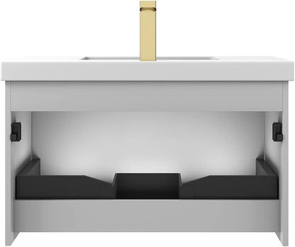 Blossom 30 Inch Bathroom Vanity with Sink | All Wood Wall Mounted Floating Vanity Cabinet with Acrylic Sink | Soft-Close Drawer | Modern Minimalist Style Vanities (30" w/Acrylic Basin, Light Grey)