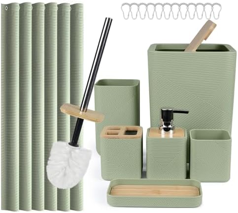 CERBIOR Bamboo Bathroom Accessory Set with Shower Curtain,Green,20PCS
