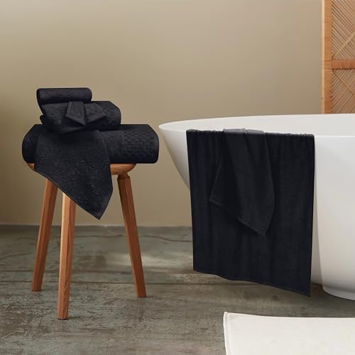 MyOwn Premium Cotton 6 Pack Towel Set for Bathroom, Contains 2 Bath Towels 28x55 inch, 2 Hand Towels 16x24 inch & 2 Wash Coths 12x12 inch, Ideal Everyday use, Compact & Lightweight - Black
