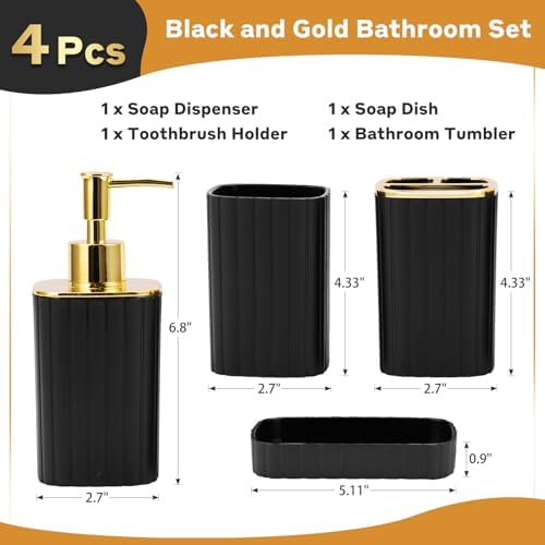 RRM Bathroom Accessories Set 4 Piece, Black and Gold Bathroom Set
