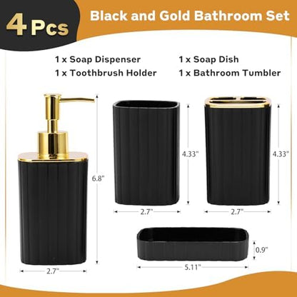 RRM Bathroom Accessories Set 4 Piece, Black and Gold Bathroom Set