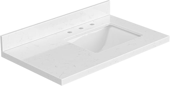 ARIEL 36 inch Bathroom Vanity top with Sink, 1.5 Inch Thick Miter Edge Carrara White Quartz top, Right Offset Vanity top with Rectangle Porcelain Sink, Includes Backsplash