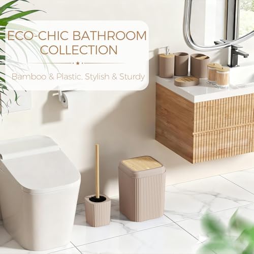 Bathroom Accessories Set - Beige Bathroom Set with Shower Curtain and Rugs, Trash Can, Toilet Brush with Holder, Soap Dispenser, Toothbrush and Toothpaste Holder, Cup, Soap Dish, Qtip Holders, Hooks