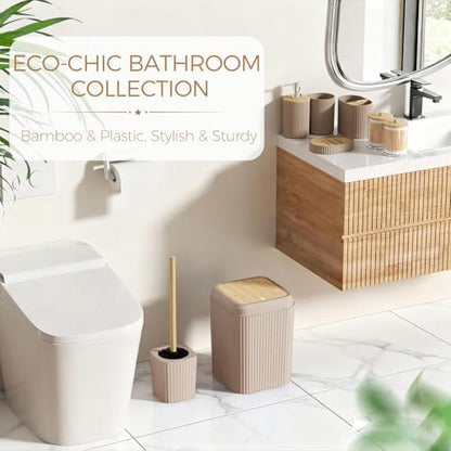 Bathroom Accessories Set - Beige Bathroom Set with Shower Curtain and Rugs, Trash Can, Toilet Brush with Holder, Soap Dispenser, Toothbrush and Toothpaste Holder, Cup, Soap Dish, Qtip Holders, Hooks