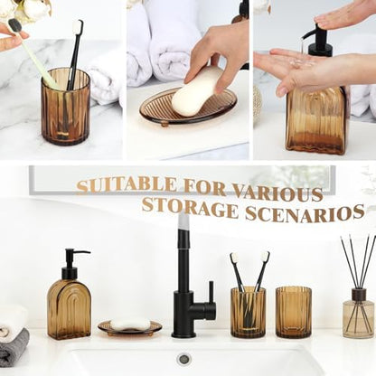 Bathroom Accessories Set, 4Pcs Glass Bathroom Accessories Set Complete, 13.5OZ Lotion Soap Dispenser, Toothbrush Holder, Mouthwash Cup, Soap Dish for Bathroom Decor, Countertop Organizer (Amber)