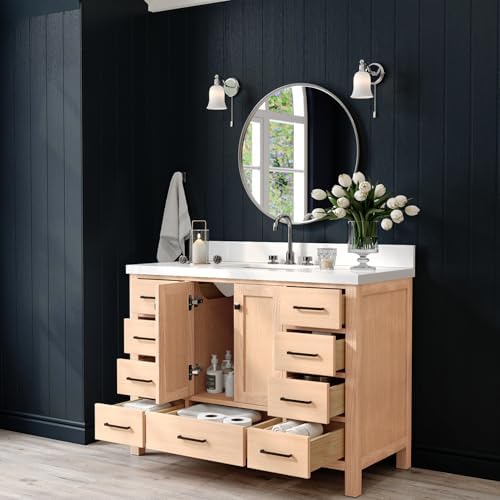 ARIEL Cambridge 48-inch Bathroom Vanity with Sink,Solid Wood, 1.5-inch Pure White Quartz Countertop, Single Rectangular Porcelain Sink, 2 Soft Closing Doors, 9 Dovetail Drawers, White Oak