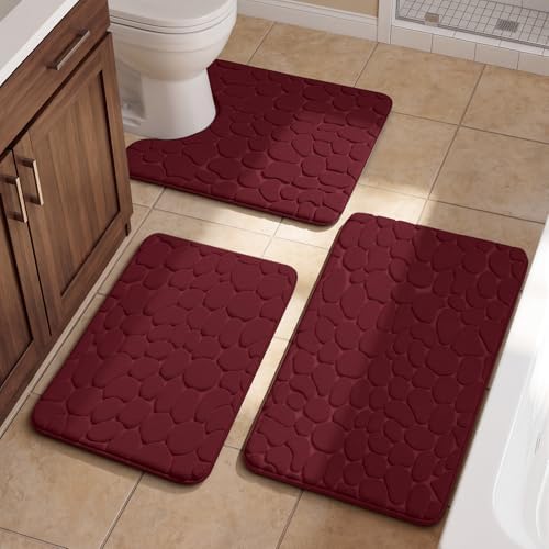 YIHOUSE Bathroom Rugs Mat Set, Memory Foam Bath Mat 3 Piece Red