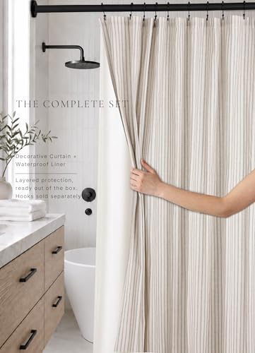 Farmhouse Striped Shower Curtain Set, Linen Blend Fabric with Detachable Polyester Liner, Breathable & Machine Washable, Rustic Sage for Bathroom Decor Standard 72" W x 72" L - Hooks Not Included