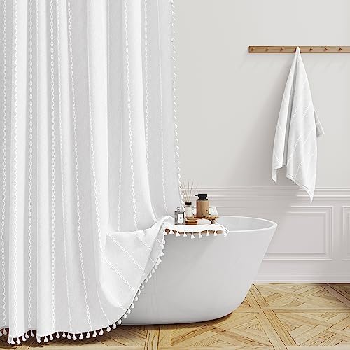 BTTN 72 x 80 Boho Famrhouse Linen Heavy Duty Cloth Shower Curtain, White