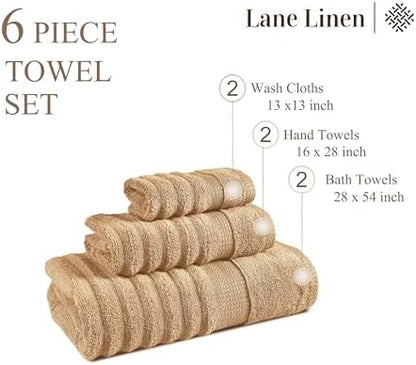 LANE LINEN Towel Set 6 Piece Soft Absorbent Quick Dry 100% Cotton - Taupe