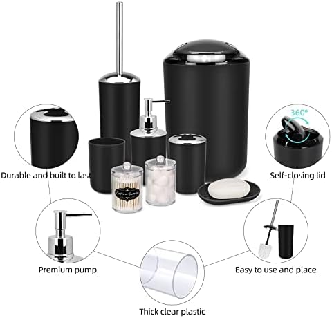 IMAVO Bathroom Accessories Set,Black Bathroom Set,9 Pieces Bathroom Accessory Set,Tray,Qtip Holders,Toilet Brush,Trash Can for Bathroom Décor and Home Gifts