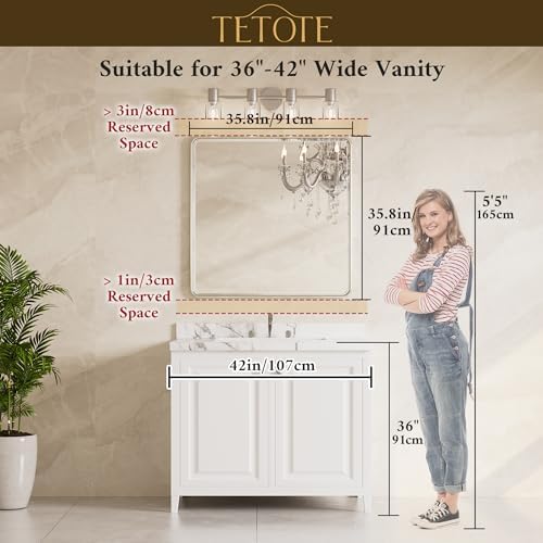 TETOTE Brushed Nickel Vanity Mirror for Bathroom 36 x 36 Beveled Edge Tempered Glass, Rounded Corner Rectangle Wall Mirror for Modern Bathroom, Living Room, Bedroom, Entryway