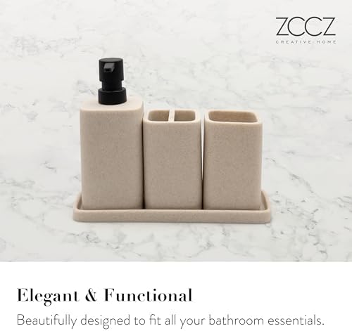 ZCCZ Bathroom Accessory Sets, 4 Pieces Bathroom Accessories Complete Set Vanity Countertop Accessory Set Marble Look, Includes Lotion Dispenser Soap Pump, Tumbler, Toothbrush Holder and Tray (Beige)
