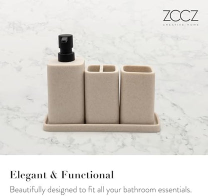 ZCCZ Bathroom Accessory Sets, 4 Pieces Bathroom Accessories Complete Set Vanity Countertop Accessory Set Marble Look, Includes Lotion Dispenser Soap Pump, Tumbler, Toothbrush Holder and Tray (Beige)