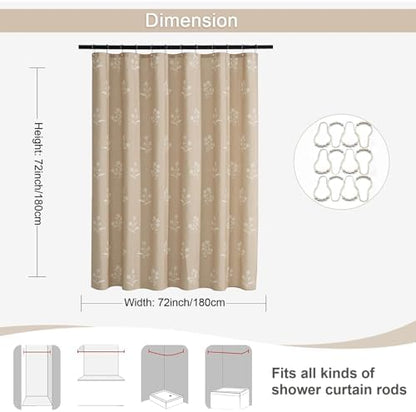 ORTIGIA Cottage Core Neutral Shower Curtain Linen Farmhouse Vintage Floral Block Print Shower Curtains Set Boho Rustic Decor for Bathroom 72 W x 72 L