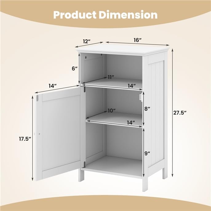 LDAILY Bathroom Cabinet, Freestanding Small Cabinet with Door, 3-Position Adjustable and Removable Shelf, Anti-Tipping Device, Wooden Floor Organizer for Bathroom, Kitchen, Office (White)