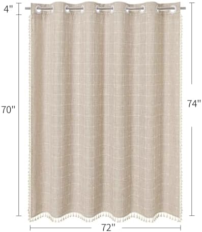 MitoVilla No Hooks Needed Boho Farmhouse Shower Curtain with Snap-in Liner, Cotton Linen Fabric Shower Curtains with Tassels for Rustic Neutral Bathroom Decor, Tan/Taupe, 72 x 74