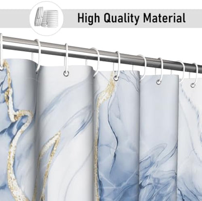 Blue Marble Shower Curtain Modern Abstract Luxury Gold Ink Texture Gray Ombre Watercolor Bathroom Curtain Set with Hooks Soft and Lightweight Waterproof Fabric Machine Washable 66" WX72 L