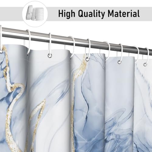 Blue Marble Shower Curtain Modern Abstract Luxury Gold Ink Texture Gray Ombre Watercolor Bathroom Curtain Set with Hooks Soft and Lightweight Waterproof Fabric Machine Washable 48" Wx72 L