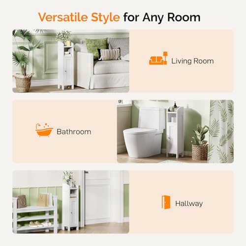 VINGLI Small Storage Corner Floor Cabinet, 7.9" Narrow Toilet Paper Storage Holder with Fluted Door, Skinny Freestanding Organizer for Small Spaces, Slim Bathroom Storage Cabinet, White