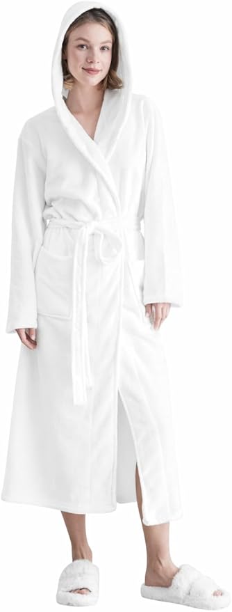 Robes for Women - Hooded Plush Fleece Bathrobe with Sash & Pockets, Full-Length Lightweight Spa Robe