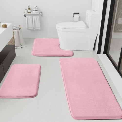 HUXMEYSON Bathroom Rugs Sets 3 Piece, Non-Slip & Quick Dry Bath Mat Set, Ultra Soft Velvet Bath Rugs for Bathroom, Toilet and Shower Floor, Rose Pink