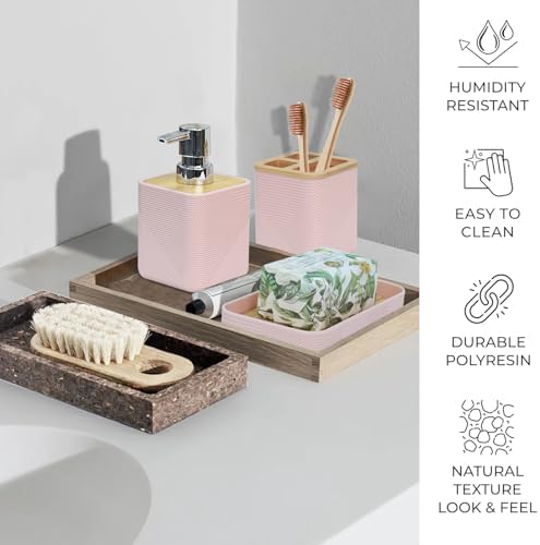 CERBIOR Bamboo Bathroom Accessories Set 6 Piece Bath Ensemble（Pink）