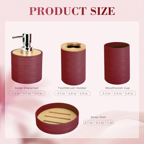 4PCS Burgundy Bathroom Set, Soap Dispenser, Dish & Bamboo Holder, Rustic