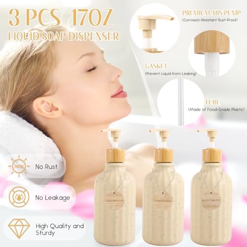 Bathroom Set 17PCS Beige Bathroom Accessories Set Bathroom Sets with Trash Can 3PCS Lotion Soap Dispenser, Toothbrush Holder,6PCS Wood Tags Bathroom Accessories for Kitchen Bathroom
