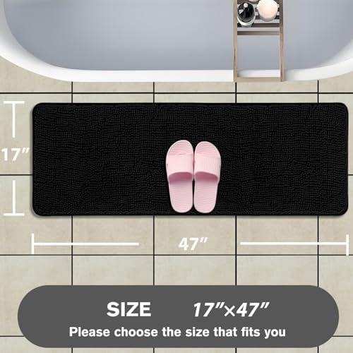 Bathroom Runner Rug 47 x 17 Inch – Long Bath Mat | Absorbent and Washable Thick Chenille Bath Rug Non-Slip Runner Rug for Bathroom, Shower, Sink(Black)
