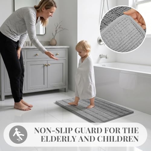 Bcoimo Bath Rug Mat,36x24 Chenille Non Slip Gray Bathroom Floor Shower Mats