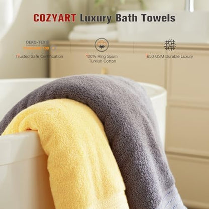 COZYART Luxury Bath Towels 4 PCS, 27x54 650 GSM Turkish Cotton, Grey+Yellow