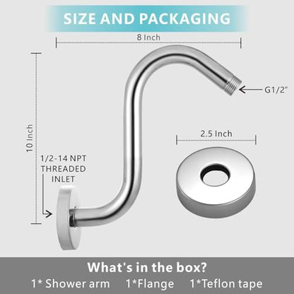 Shower Head Extension Arm with Flange, S Shaped High Rise Gooseneck Showerhead Riser Pipe, Universal Standard 1/2" Connection - Bathroom Accessory (10 Inch, Chrome)
