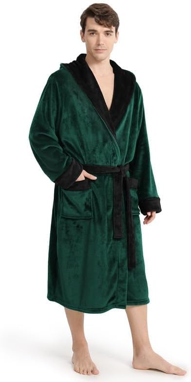 Yurhap Luxury Mens Robe with Hood, Ultra Cozy Fleece Bathrobe for Men, Plush Hooded Robe with Belt & 2 Pockets