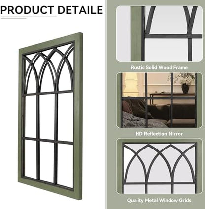 Retro Green Window Mirror for Wall Decor, Wood Frame Decorative Wall Mirror