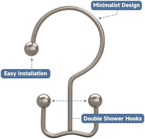 Titanker Shower Curtain Hooks Rings, Rust Resistant Metal Minimalist Simple Double Glide Shower Hooks Rings for Bathroom Shower Rods Curtains, Set of 12 Hooks - Matte Nickel