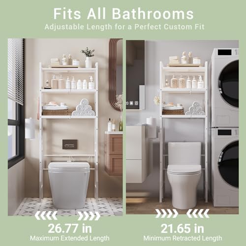 Over the Toilet Storage Shelf 3-Tier Adjustable Bathroom Organizers and Storage Shelves Bathroom Rack Above Toilet Storage with Paper Holder and 4 Hooks Space Saver Storage for Laundry