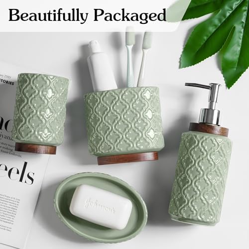 RQYIXI Ceramic Bathroom Accessories Set,Sage Green,4 Piece,Embossed Design